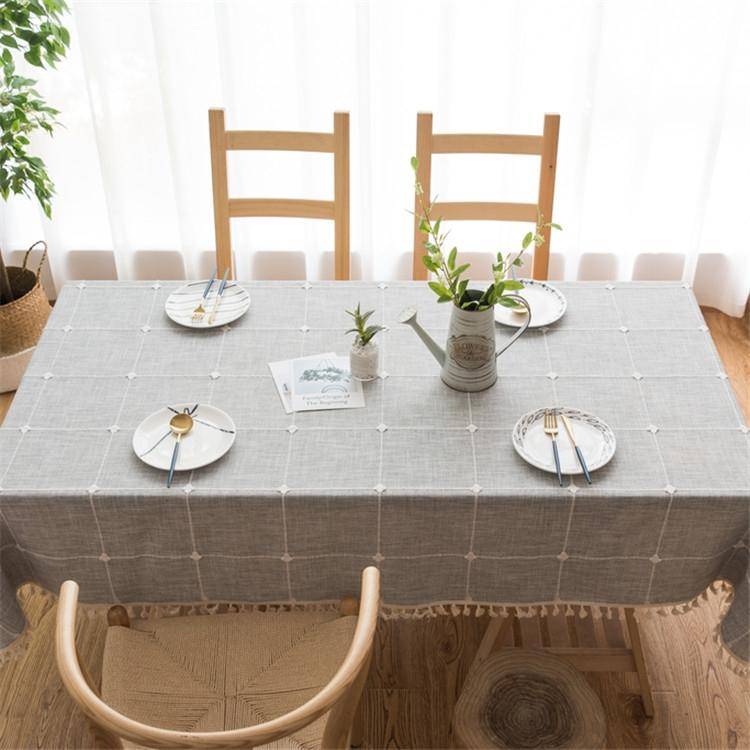 Square Lattice Embroidered Tablecloth Pure Color Cotton Linen Tassel Rectangular Coffee Table Mat...