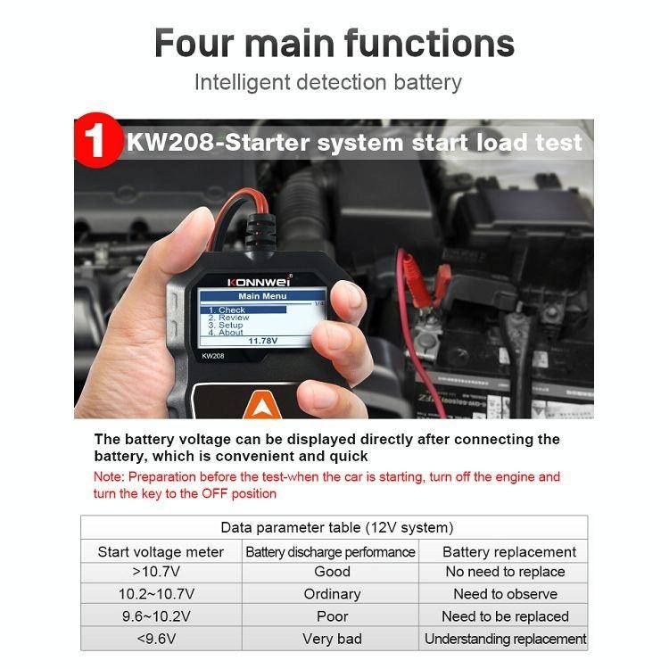 KONNWEI KW208 Car TFT Color Screen Battery Tester Support 8 Languages