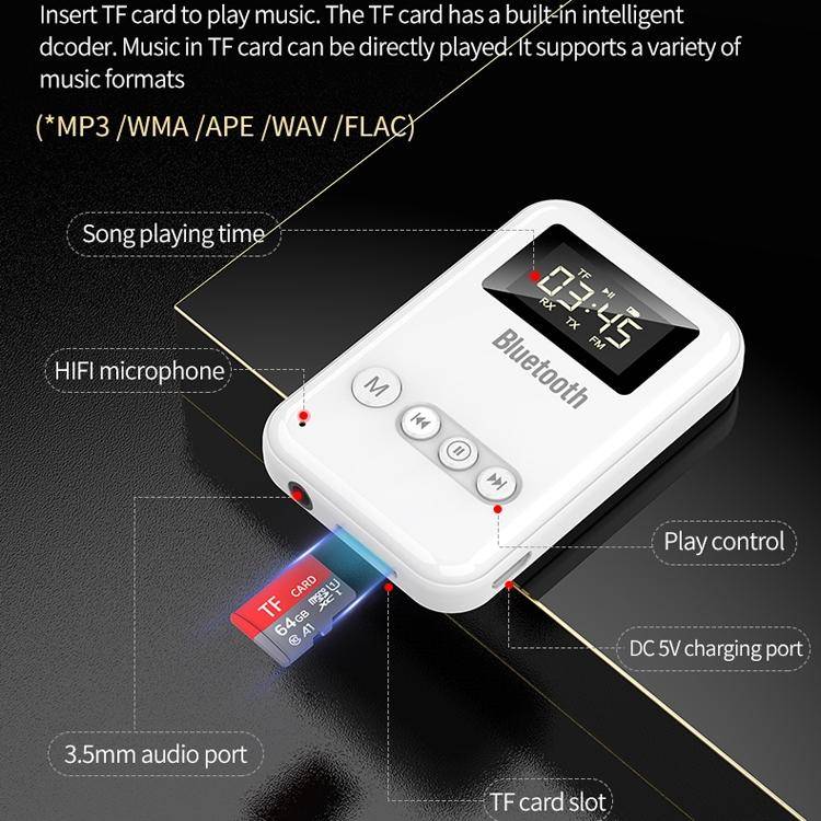K6-W Bluetooth 5.0 Receiver Transmitter 2 in 1 Adapter Computer Speaker Car FM (White)