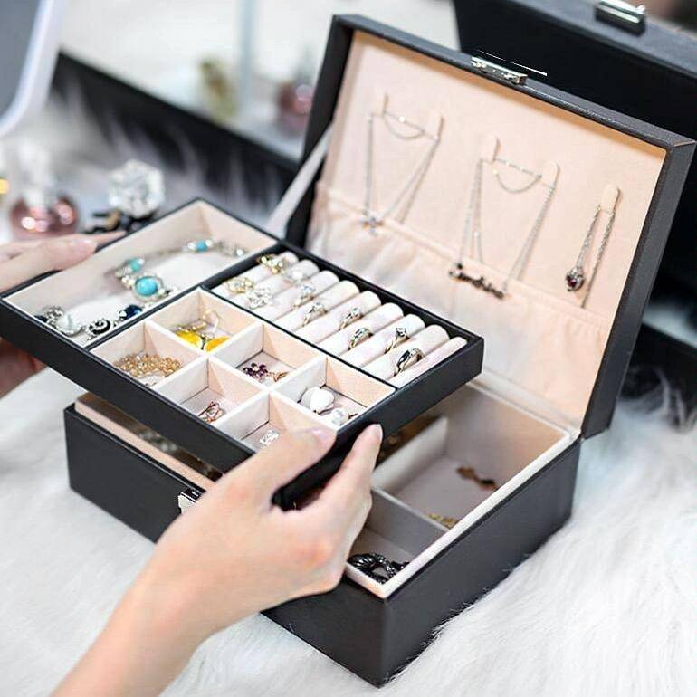 Portable Leather Jewelry Storage Box Necklace Ring Watch Storage Box, Style:Double Layer(Pink)