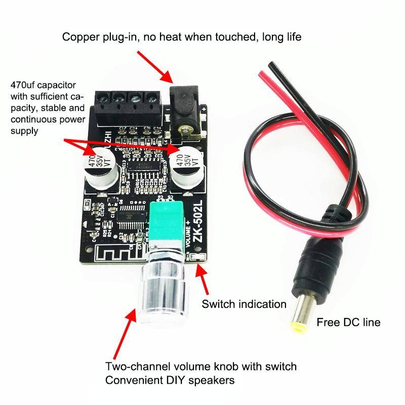ZK-502L Bluetooth 5.0 12/24V Wireless Stereo Audio Digital Power Amplifier Board 50Wx2 Bluetooth ...