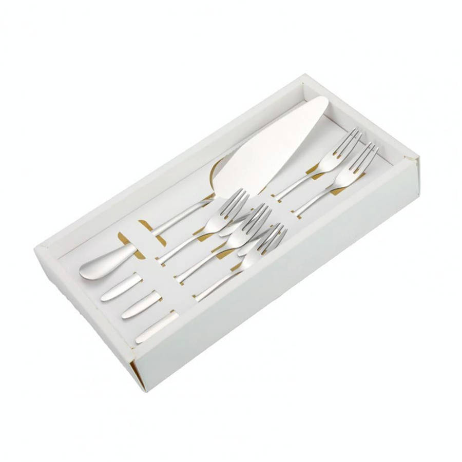 6pcs/set Stainless Steel Cake Knife And Fork Set, Color: Silver With 3-tine Forks
