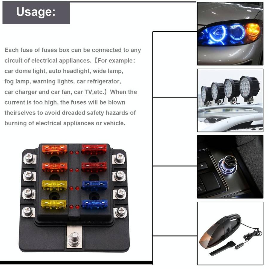 1 in 8 Out Fuse Box Screw Terminal Section Fuse Holder Kits with LED Warning Indicator for Auto C...
