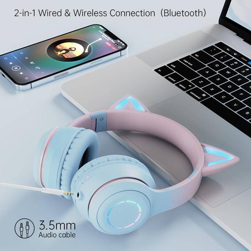 BT029C RGB Dual Modes Cat Ear Wireless Bluetooth Headphone(Purple)