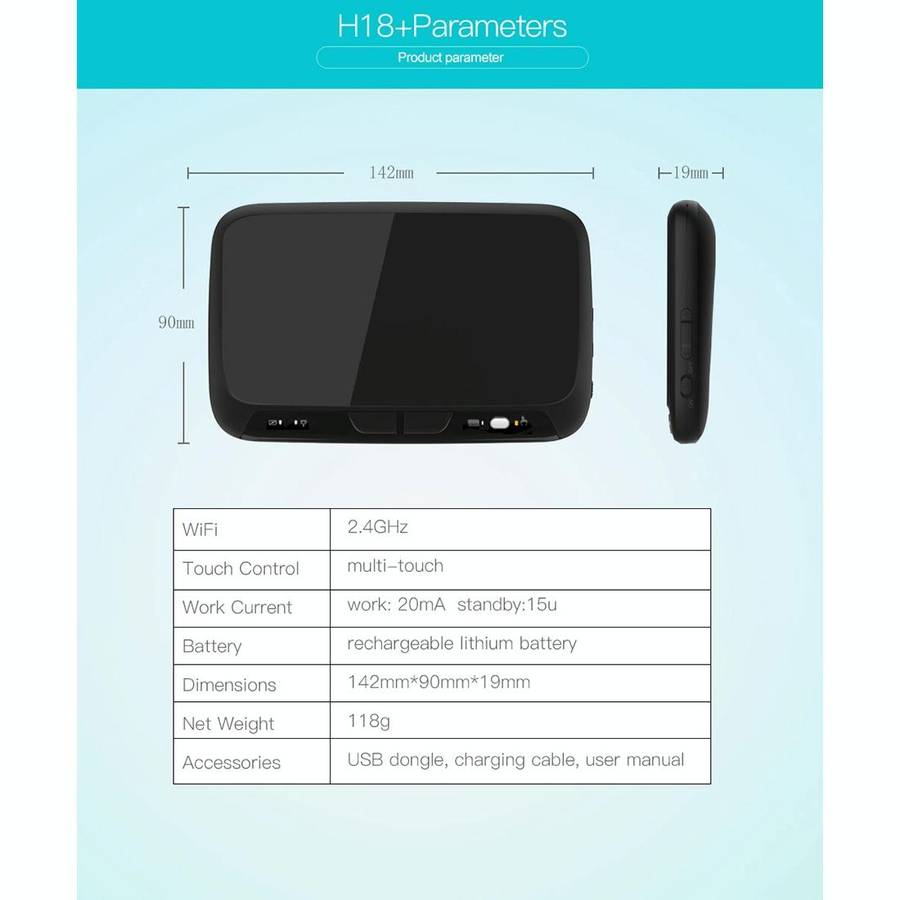 H18+ 2.4GHz Mini Wireless Keyboard Full Touchpad with 3-Level Adjustable Backlight(Black)