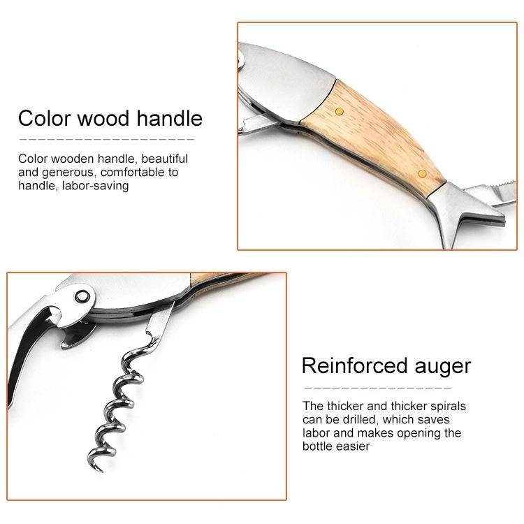 Fish Shape Wine Opener Wine Multifunctional Corkscrew with Wooden Handle