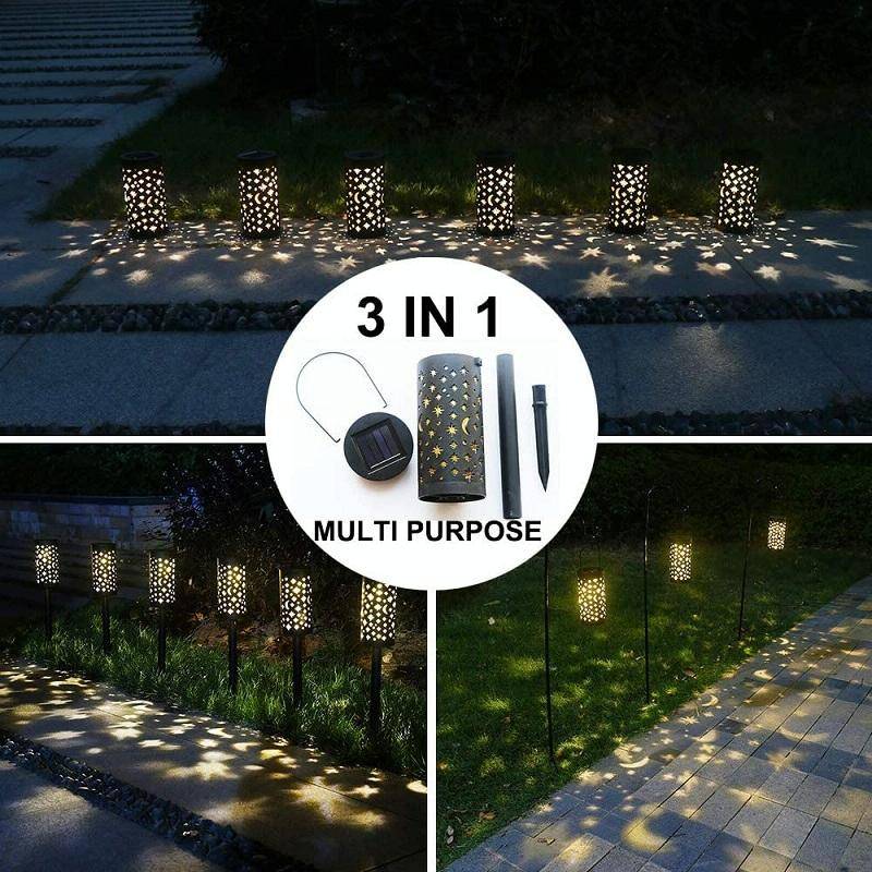 Outdoor Garden Wrought Iron Hollow Stars Moon Lantern Solar LED Lawn Ground Light(Warm Light)