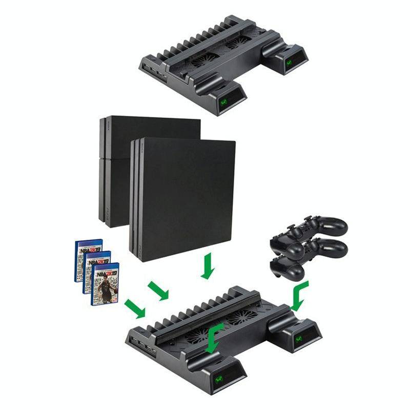 For PS4 / PS4 Slim / PS4 Pro Cooling Fan Stand Console Vertical Stand Cooler with Dual Controller...
