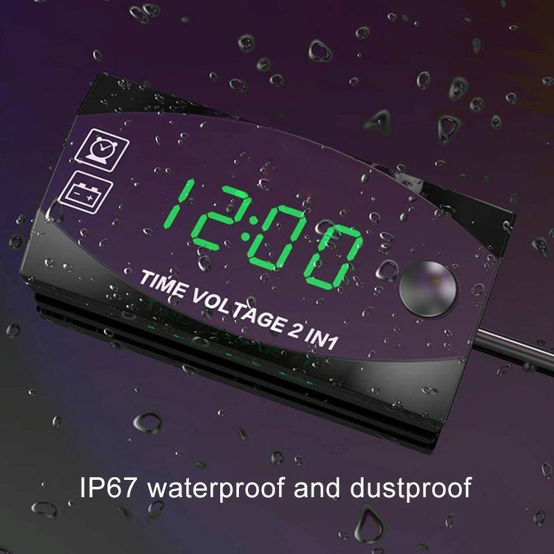 Motorcycle Multi-functional 2 in 1 Digital Display Voltmeter + Electronic Clock, 6-30V IP67 (Gree...