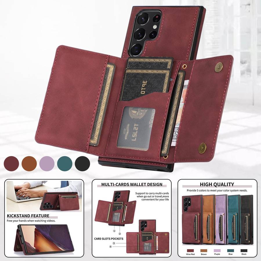 For Samsung Galaxy S22 Ultra Three-fold Leather Phone Case with Card Slot & Wallet & Holder(Wine ...