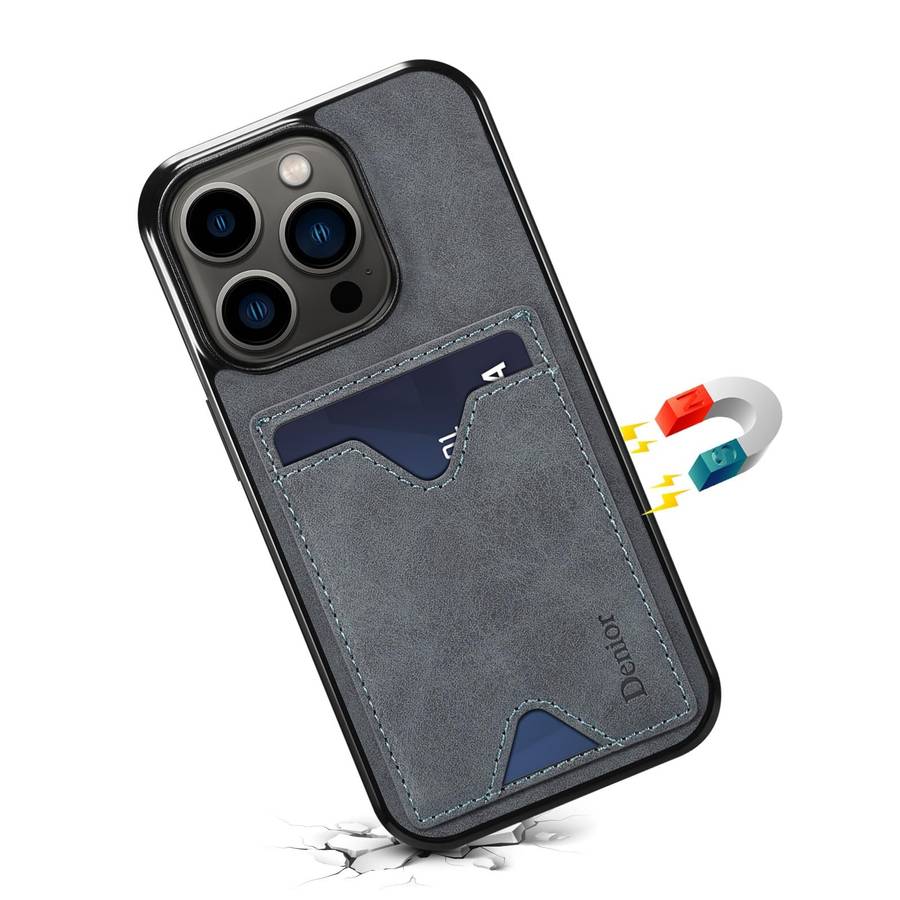 For iPhone 15 Pro Max Denior PU Back Cover Card Slot Holder Phone Case(Grey)