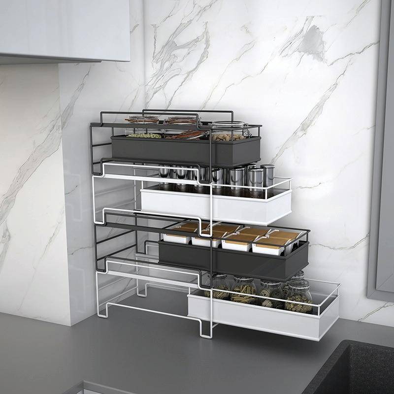 Kitchen Countertop Under Sink Spice Racks Can Be Stacked With Multi-Layer Pull-Out Storage Wrough...