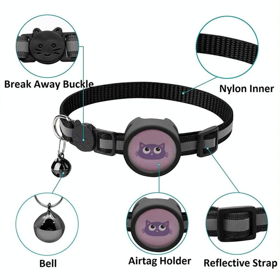 Pet Reflective Collar with Bell for AirTag(Black)