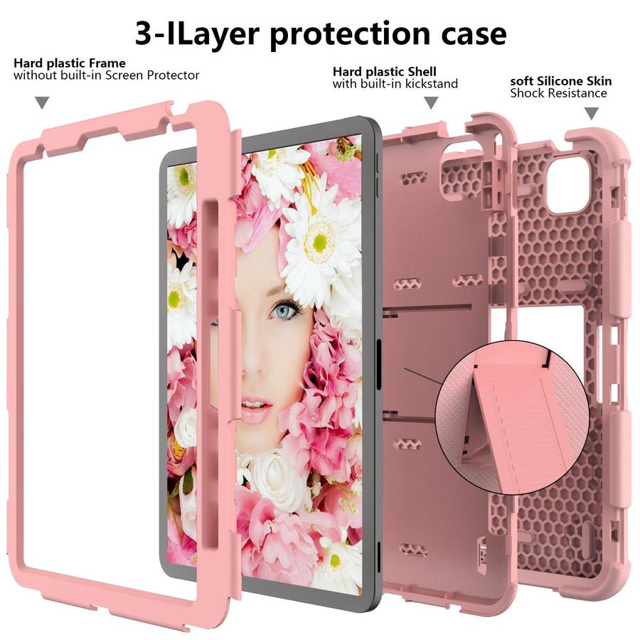 For iPad Air 2022 / 2020 10.9 Shockproof Two-Color Silicone Protective Case with Holder(Rose Gold...