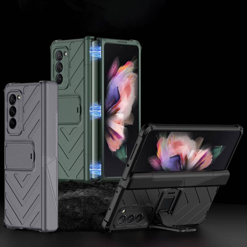 For Samsung Galaxy Z Fold2 5G GKK Integrated Magnetic Armor Flip Phone Case with Holder(Dark Green)