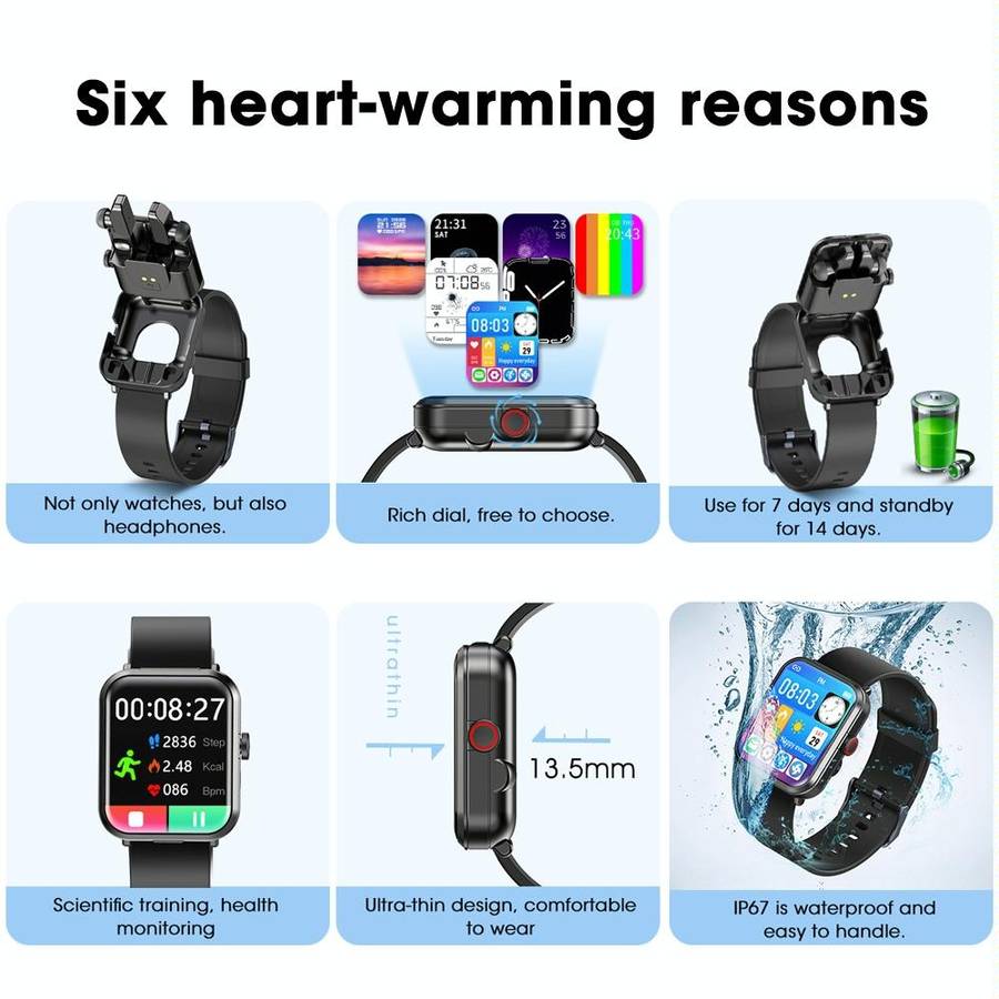 S6 TWS Earphone 1.91 inch Smart Bracelet Support Bluetooth Call / Health Monitoring(Black)