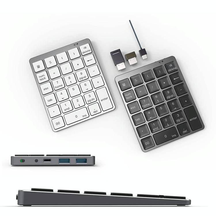 N970 Pro Dual Modes Aluminum Alloy Rechargeable Wireless Bluetooth Numeric Keyboard with USB HUB ...