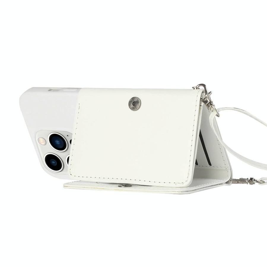 For iPhone 14 Pro Crossbody Lanyard Wallet Card Bag Phone Case(White)