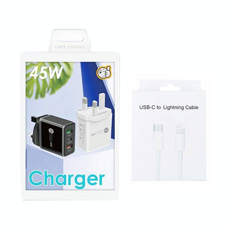 45W PD3.0 + 2 x QC3.0 USB Multi Port Charger with Type-C to 8 Pin Cable, UK Plug(White)