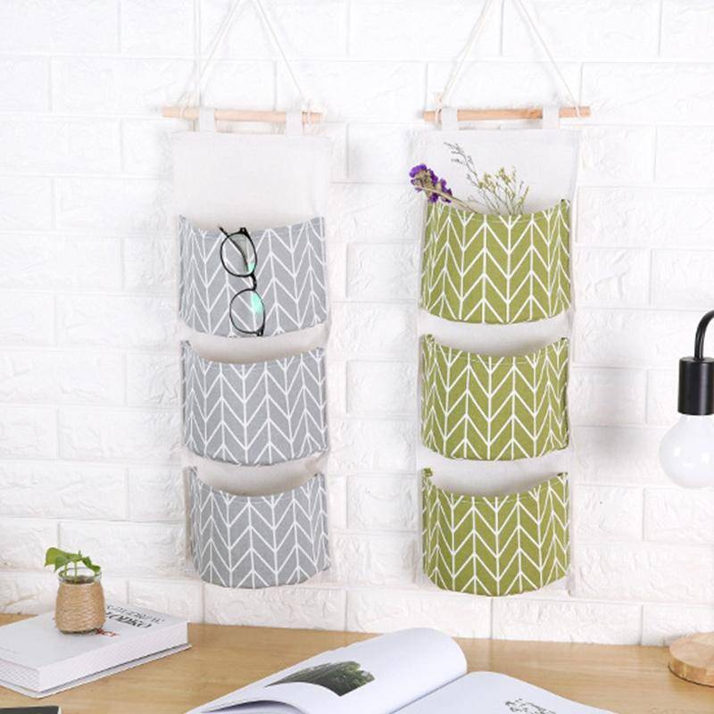 3-Pockets Cotton Linen Wall Hanging Door Pouch Bedroom Home Storage Pocket Hanging Bag(Gray)