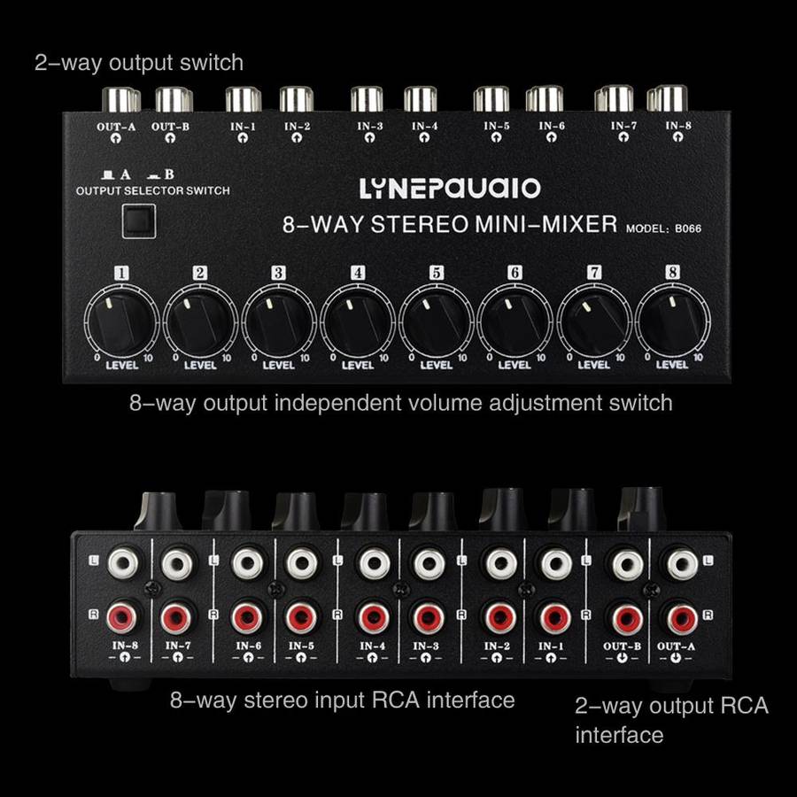 B066 Mini Stereo 8 Channel RCA Non Source Sound Passive Mixer, No Power Supply