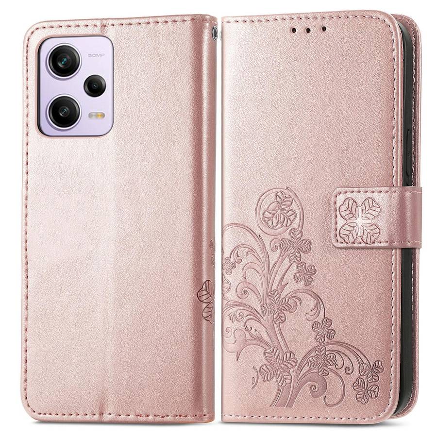For Xiaomi Redmi Note 12 Pro+ China Four-leaf Clasp Embossed Buckle Leather Phone Case(Rose Gold)