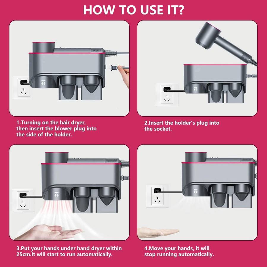 For Dyson Hair Dryer Bracket Storage Rack Wall Mounted Organizer Holders With Hand Dryer Elegant ...