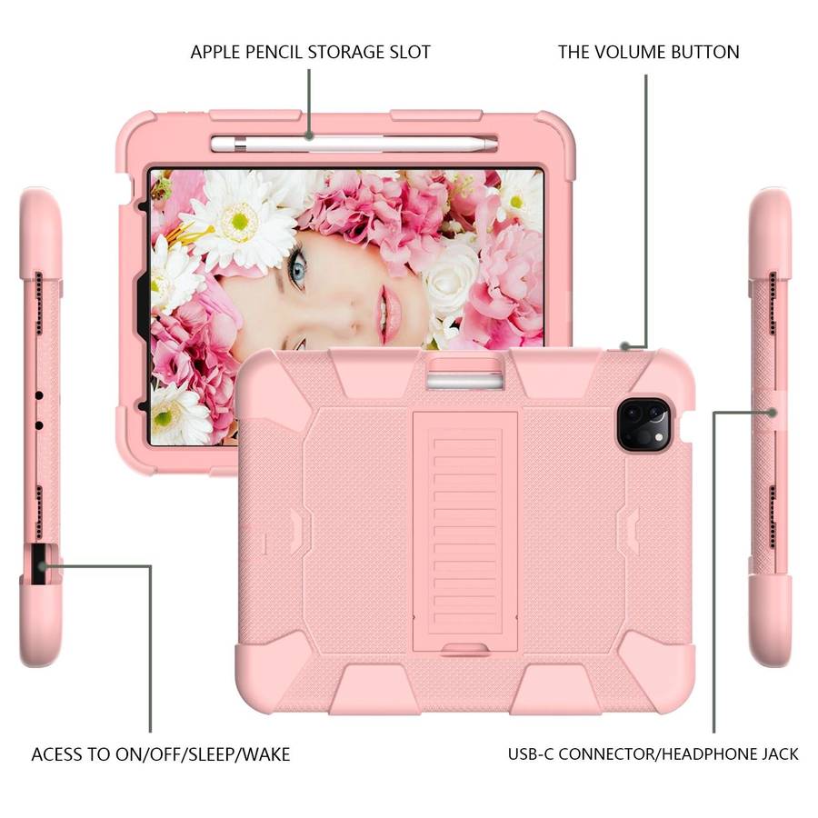 For iPad Air 2022 / 2020 10.9 Shockproof Two-Color Silicone Protective Case with Holder(Rose Gold...