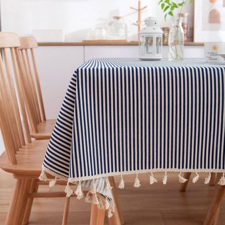 Tassel Lace Daisy Print Cotton Linen Tablecloth, Size:140x200cm(Navy Blue Stripes)