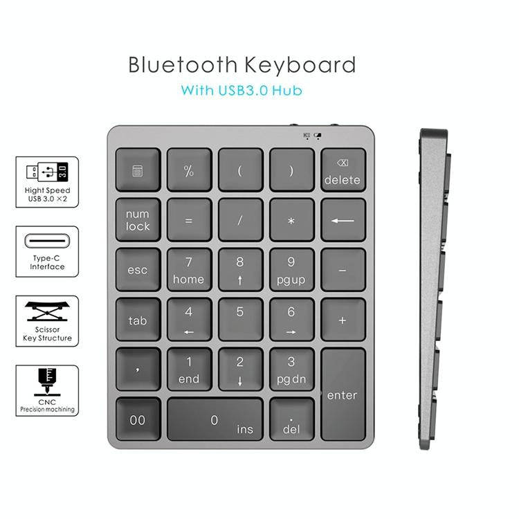 N970 Pro Dual Modes Aluminum Alloy Rechargeable Wireless Bluetooth Numeric Keyboard with USB HUB ...