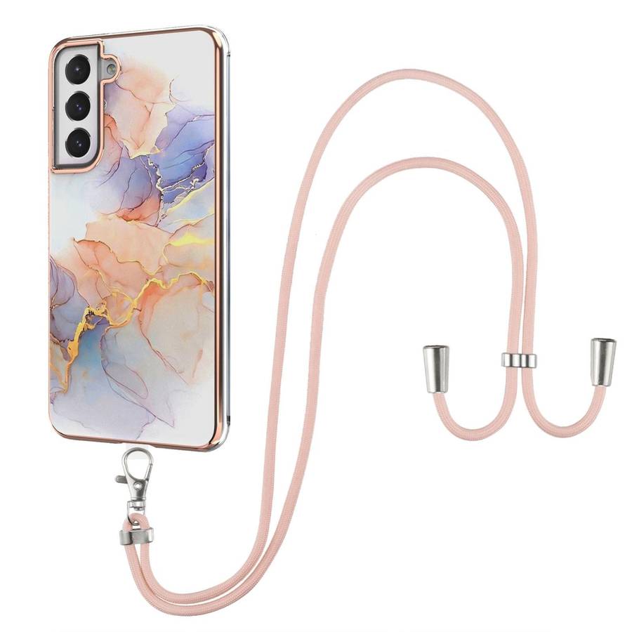 For Samsung Galaxy S21 FE Electroplating Pattern IMD TPU Shockproof Case with Neck Lanyard(Milky ...