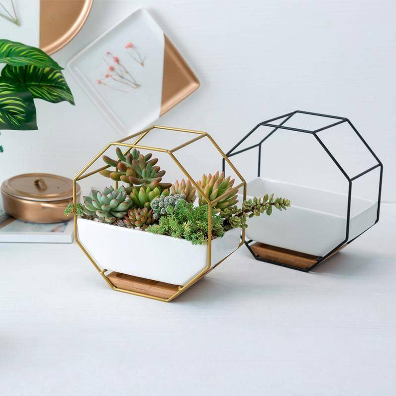 Simple Octagonal Geometric Wall Hanging Table Succulent Platter Bamboo Support Iron Frame Flower ...
