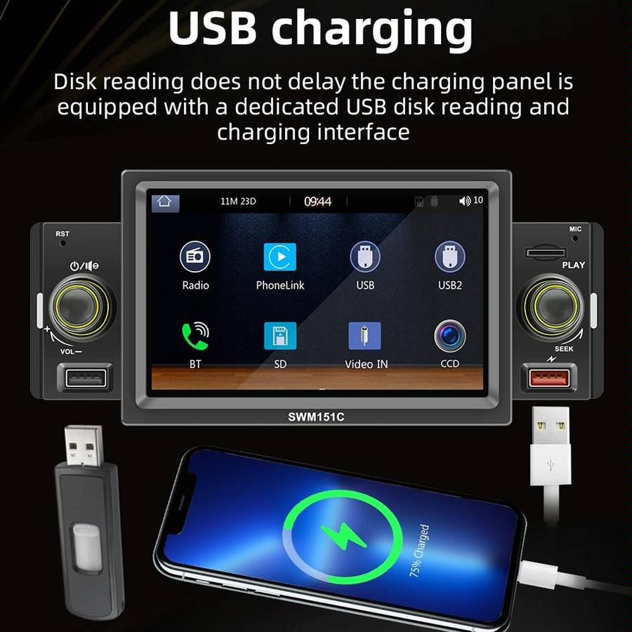 SWM151C 5 inch Portable Car MP5 Player Support CarPlay / Android Auto(Black)