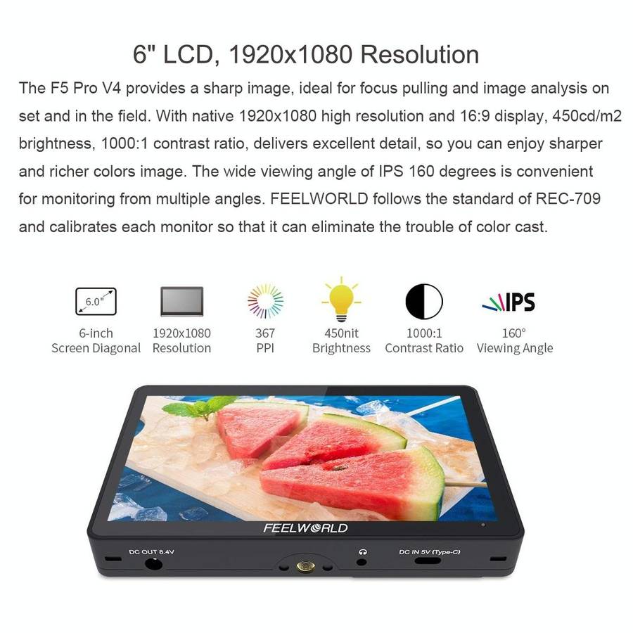 FEELWORLD F5 Pro V4 6 inch Touch Screen DSLR Camera Field Monitor 3D LUT 4K HDMI Input Output Til...