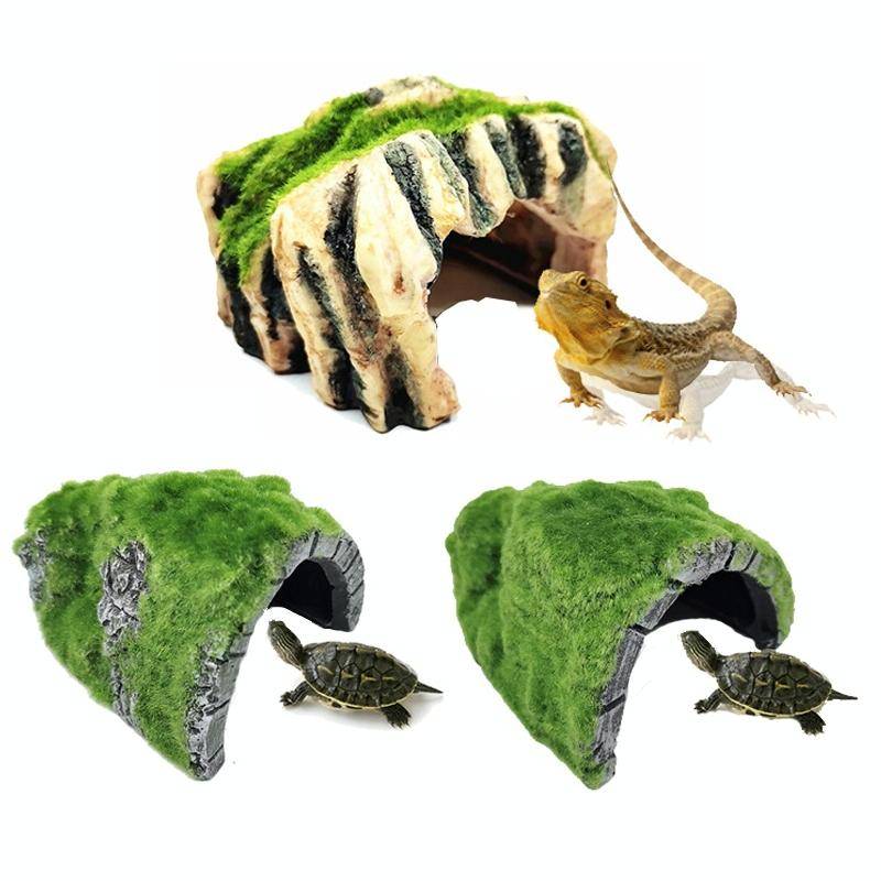 ZR7662 Flocked Caple Box Turtle Hiding Nest Moss Cave Turtle Cave Sunbed