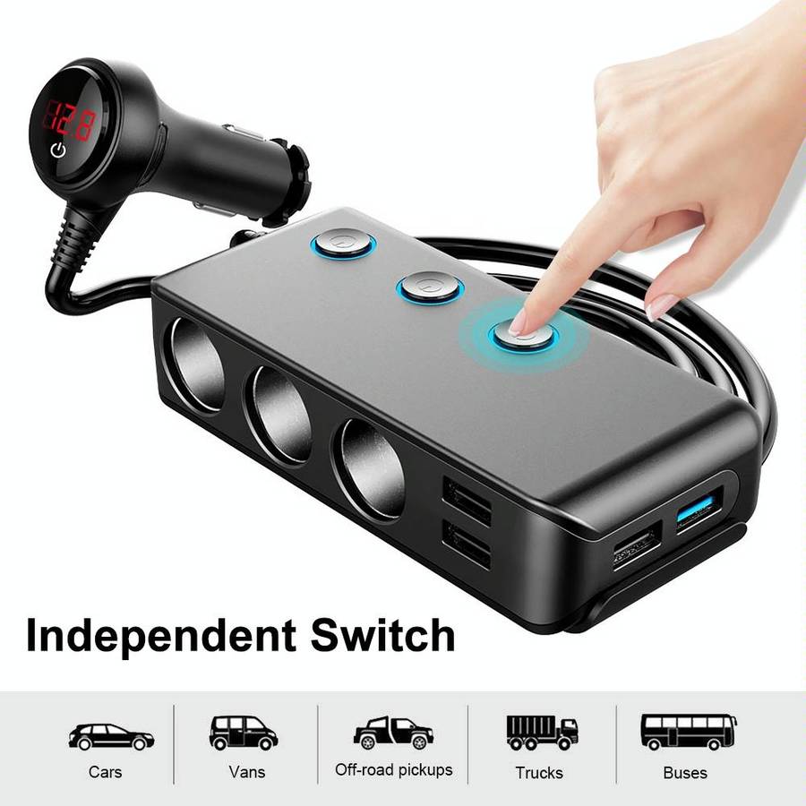 Car Cigarette Lighter Car Charger 3USB Port +1 QC3.0 + 3 Cigarette Lighter Ports + Back Clip Desi...