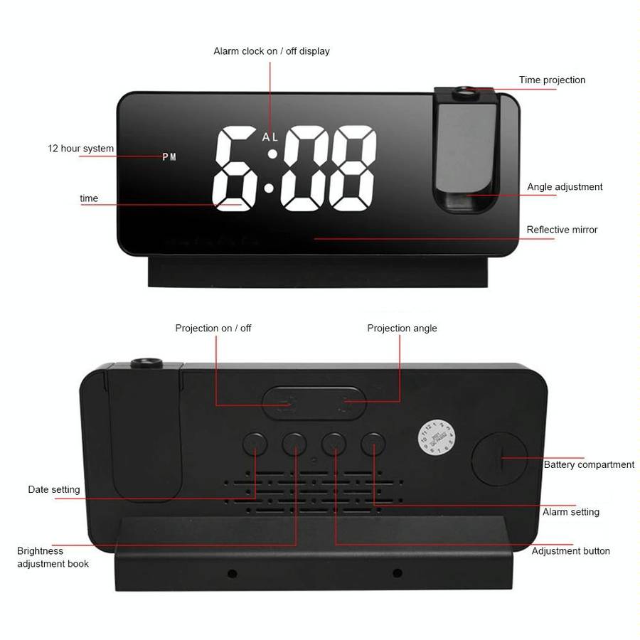S282 Multifunctional Silent Electronic Digital Projection Clock(White Shell White Light)