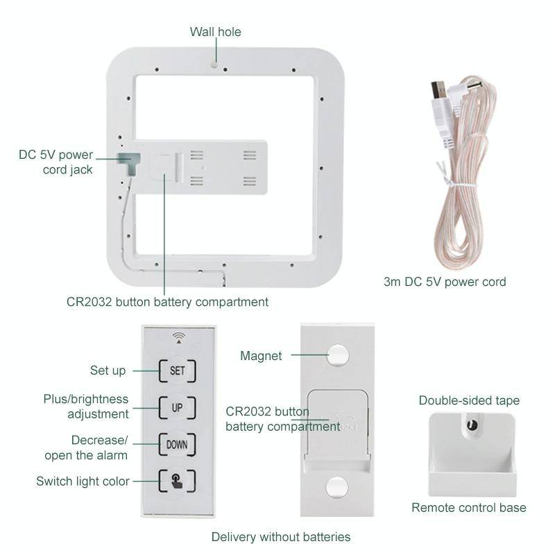 TS-S28-W Multifunctional Square RGB Thermometer Digital Alarm Clock LED Mirror Hollow Wall Clock