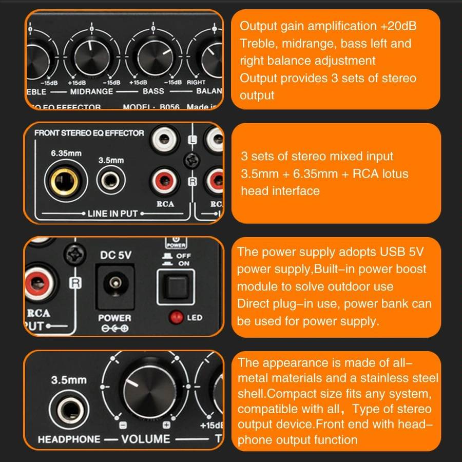 3-Channel Mixer Front Stereo Amplifier High / Mid / Bass Adjuster, USB 5V Power Supply, US Plug