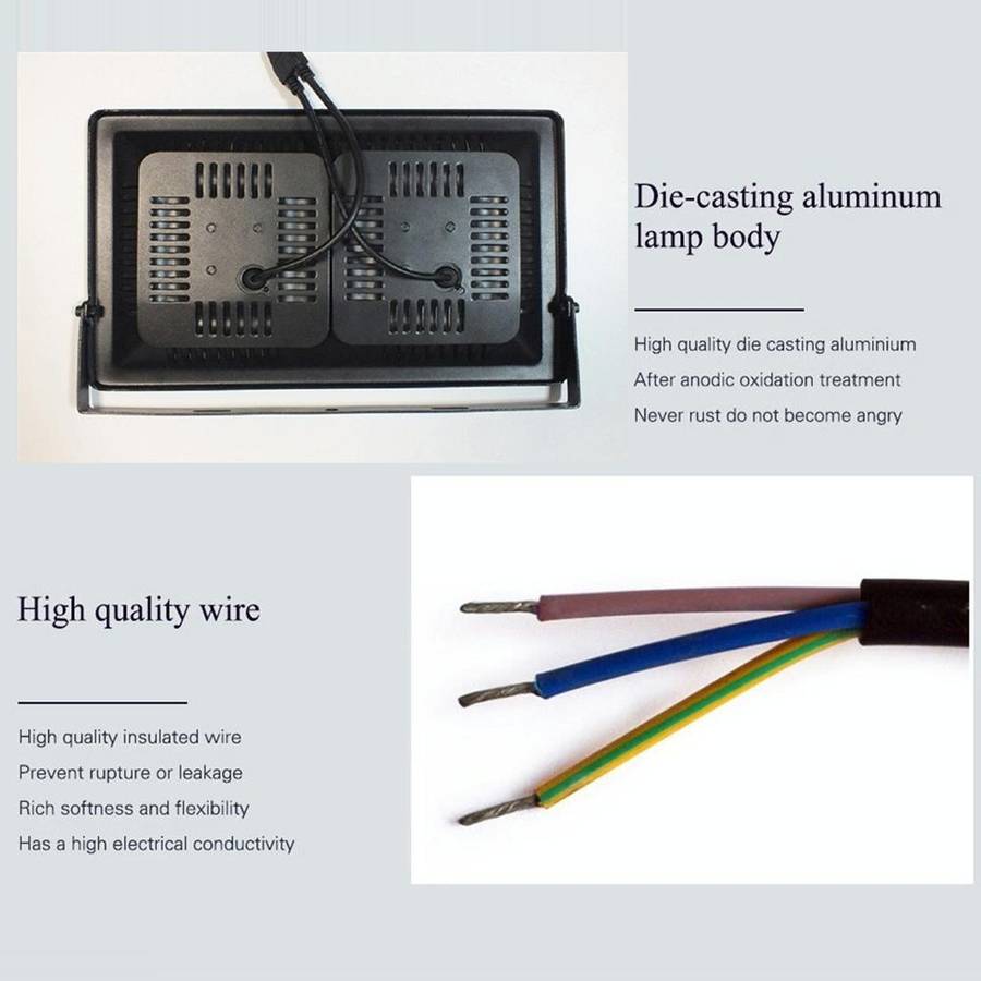 100W Waterproof LED Floodlight Lamp, 2 x 48 LED SMD 2835, Luminous Flux: > 8000LM, PF > 0.9, RA >...