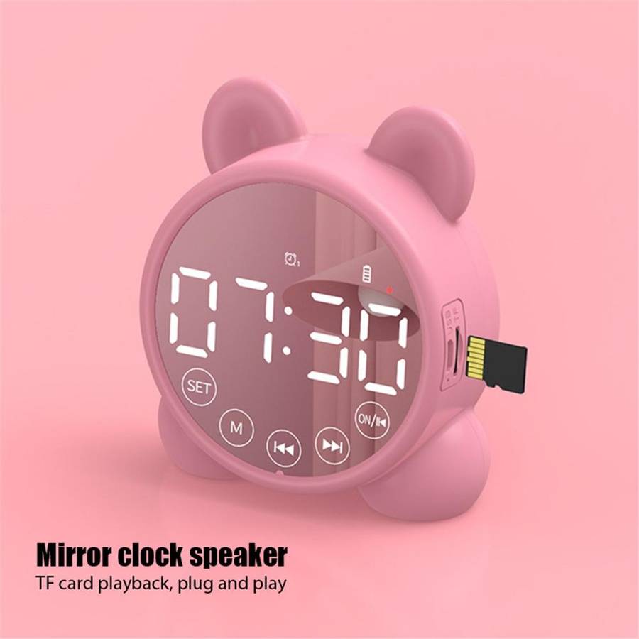 P1 Mini Card Mirror Clock Wireless Bluetooth Speaker with FM Radio(Pink)
