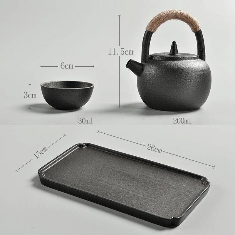 Portable Travel Ceramics Loop Handle Pot Teapot Teacup Set with Tea Tray(Black)