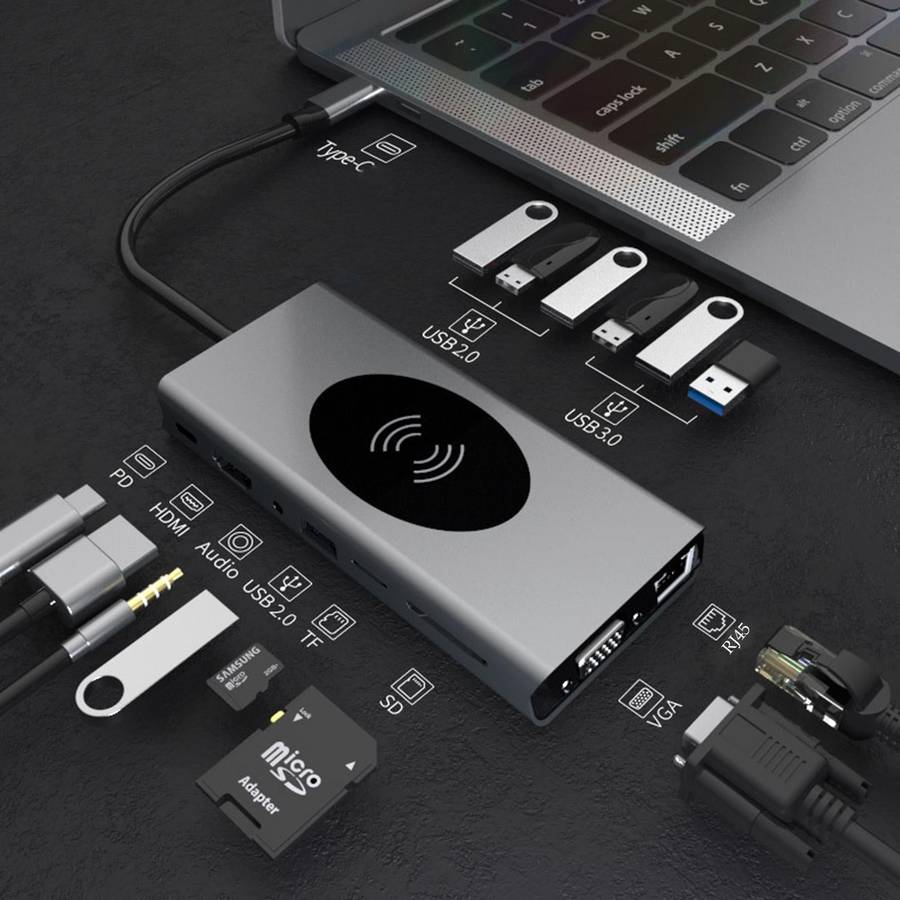BX15W USB HUB Type-C Docking Station with Wireless Charge Function(15 in 1)