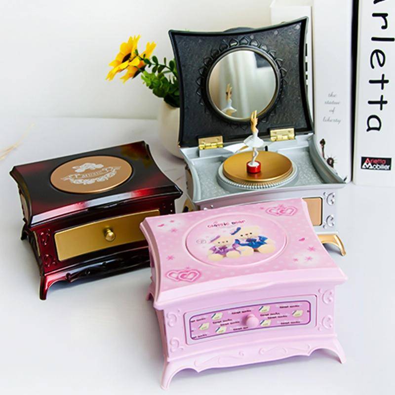 Classic Dressing Table Rotating Girl Music Box With Mirror Drawer Music Box(Gold Gray)