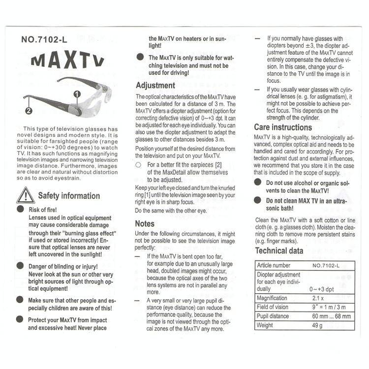 7012L 2.1X TV Magnification Glasses for Hyperopia People (Range of Vision: 0 to +300 Degrees)(Black)