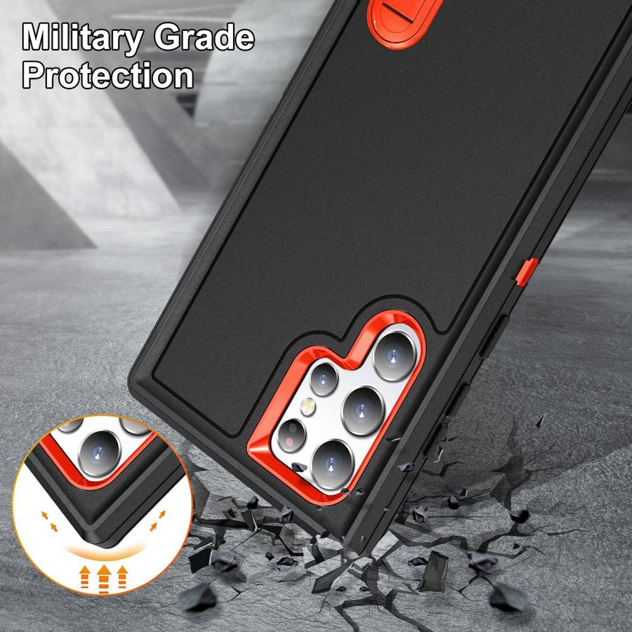 For Samsung Galaxy S22 Ultra 5G 3 in 1 Rugged Holder Phone Case(Black+Orange)