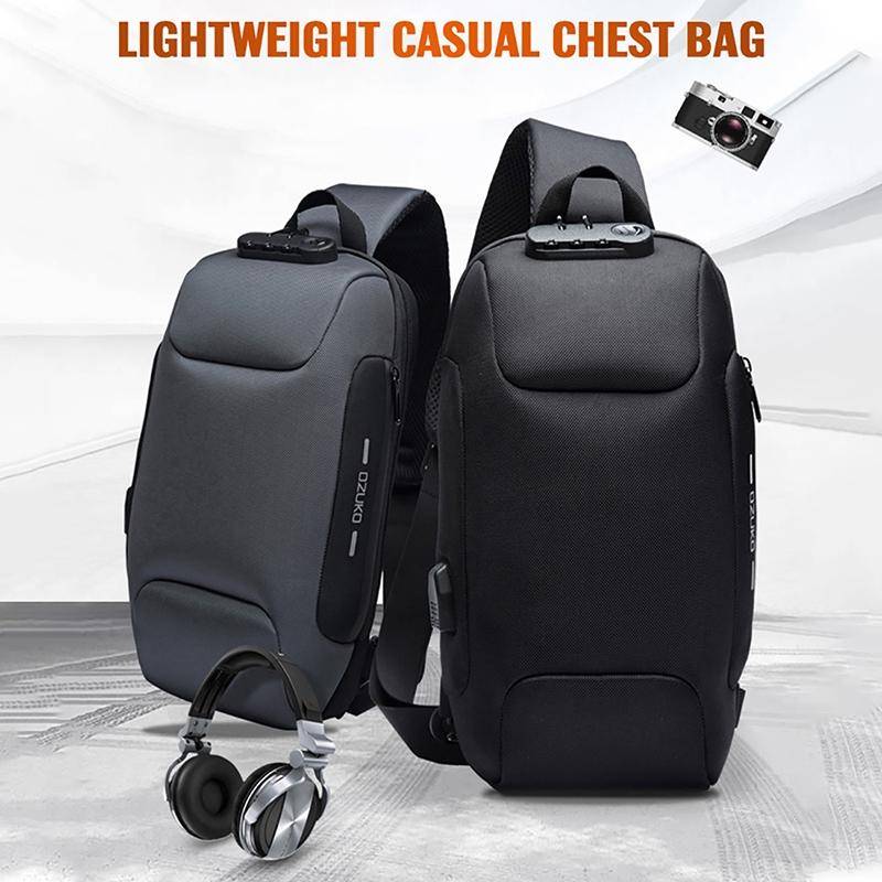 OZUKO 9223 Anti-theft Men Chest Bag Waterproof Crossbody Bag with External USB Charging Port, Sty...