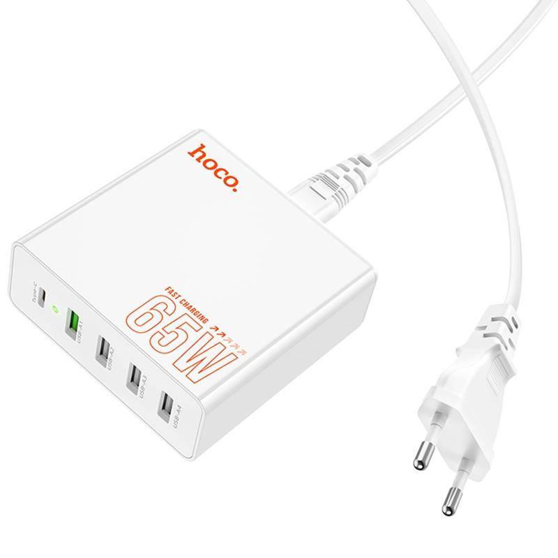 hoco C114A Vision PD 65W USB-C / Type-C + 4 USB Five Ports Fast Charger, Plug Type:EU Plug(White)
