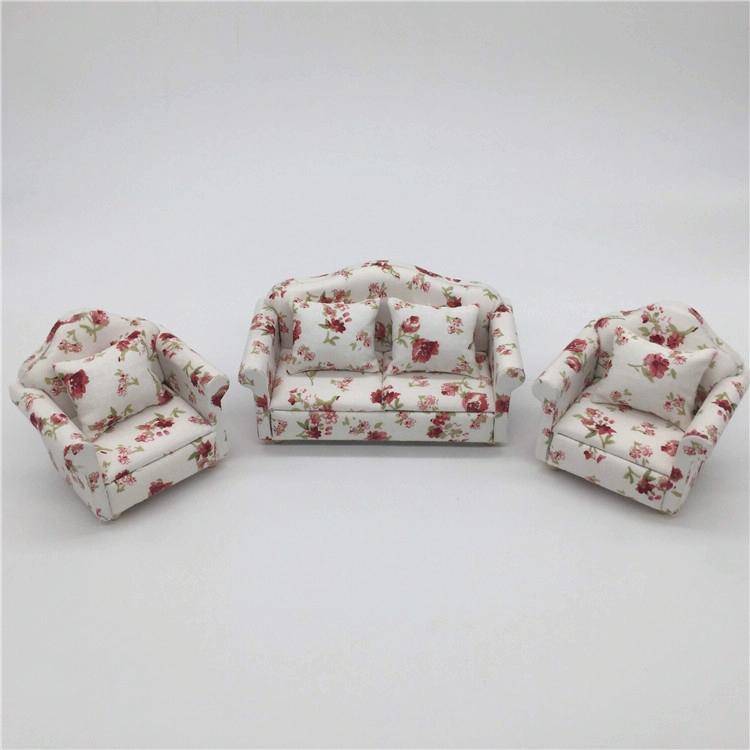 1:12 Doll House Furniture Decoration Three-piece Mimulation Sofa(Fresh Big Flower Cluster)