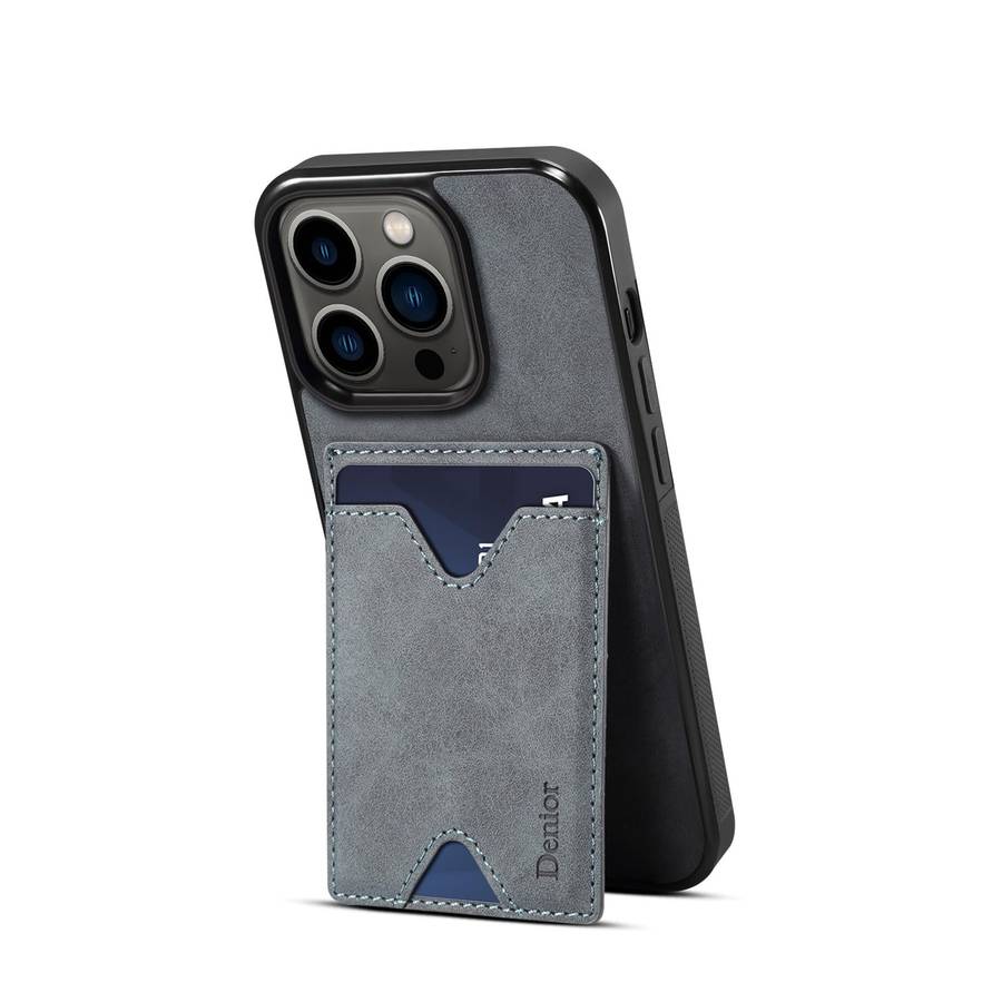 For iPhone 15 Pro Max Denior PU Back Cover Card Slot Holder Phone Case(Grey)
